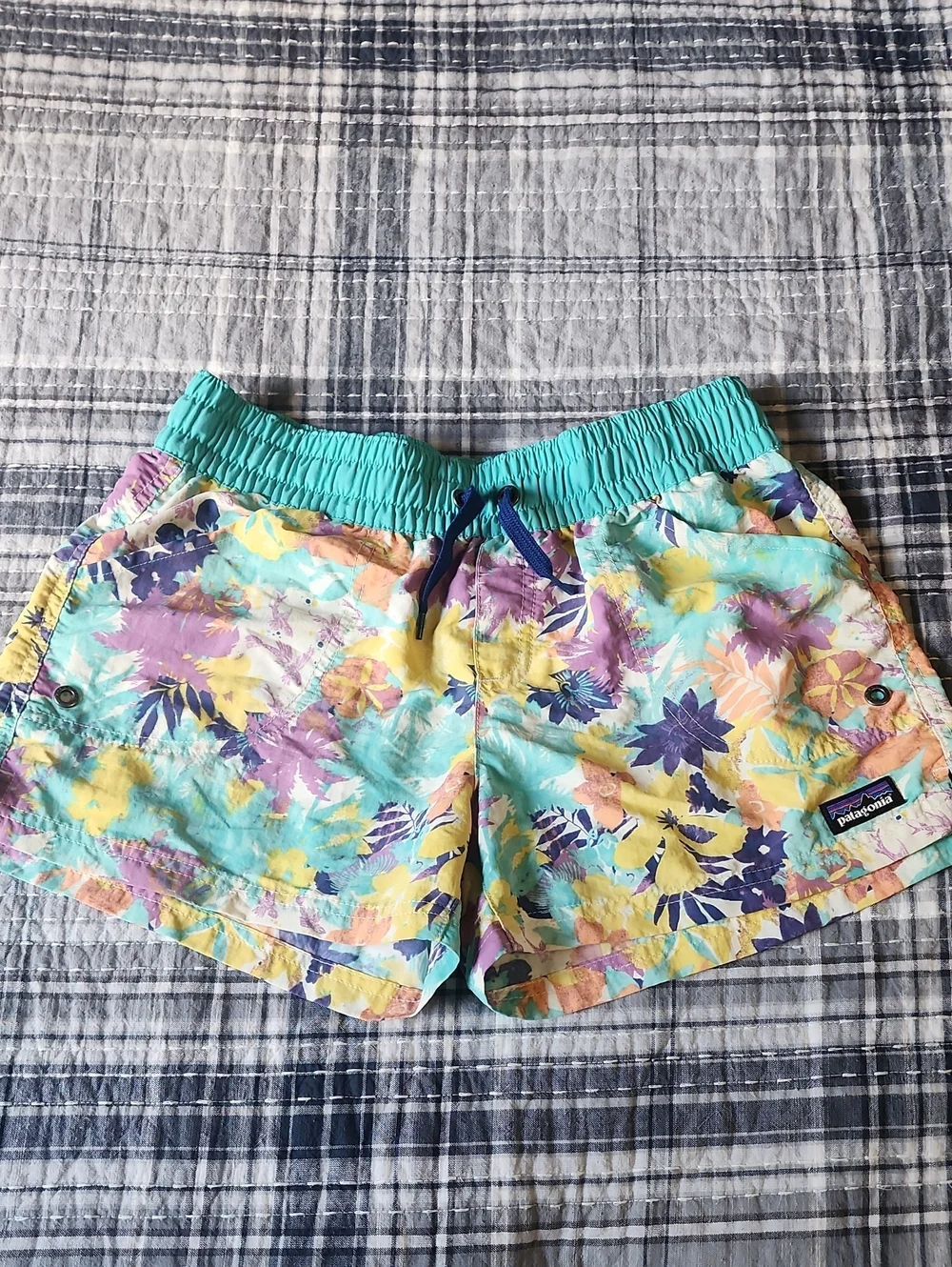Patagonia Teal Floral Swim Shorts with Yellow & Purple Accents